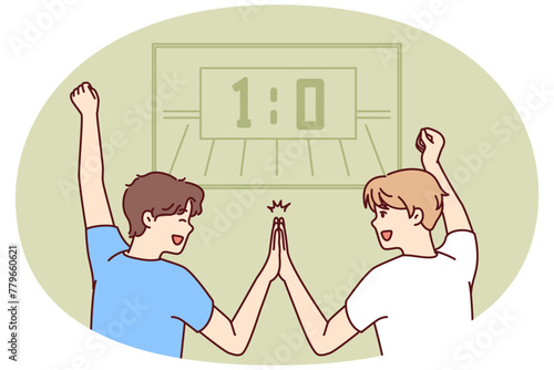 Two men football fans watch game on TV and rejoice after goal of favorite team or successful completion of match. Guys fans celebrating victory of players in premier league football match © drawlab19