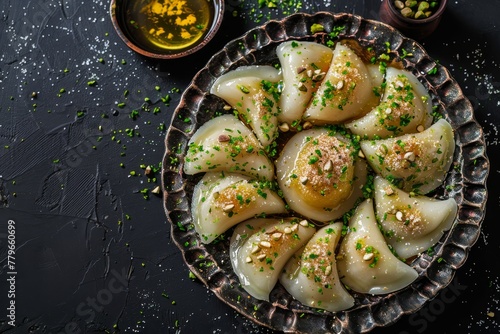 Traditional Arabic Ramadan sweets with pistachio and honey on dark backdrop photo