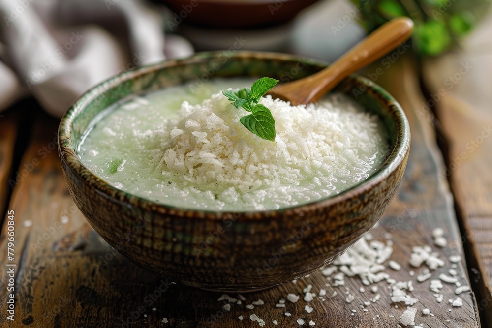 Traditional dessert Cendol is served in a bowl with a wooden spoon Traditional dessert Cendol is served in a bowl with a wooden spoon