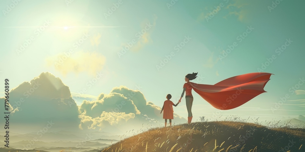 A woman and a child are standing on a hill, with the woman holding the child's hand. The scene is peaceful and serene, with the sun shining brightly in the background. The woman is wearing a red cape