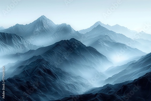 Panoramic view of a mountain range with peaks in monochrome. 
