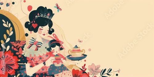 A woman and a child are sitting on a bed with a tea set in front of them. The woman is holding a teacup and the child is holding a teapot. The image has a whimsical and playful mood