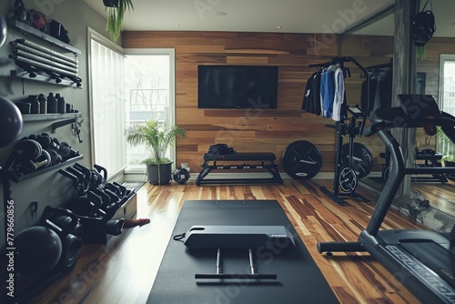 A fully-equipped home gym featuring treadmills and a variety of exercise equipment for a complete workout, A personal home gym with essential workout gear, AI Generated