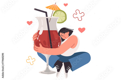 Drunk woman hugs large glass with alcoholic cocktail, feeling dependent on drinks containing alcohol