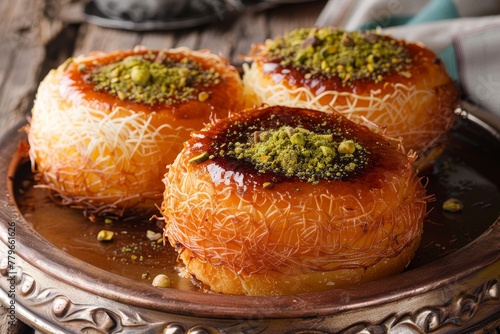 Traditional Turkish dessert kunefe made with cheese and pistachios photo