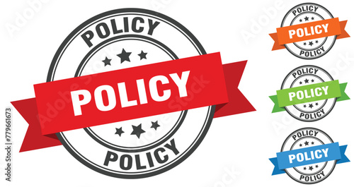 policy stamp. round band sign set. label