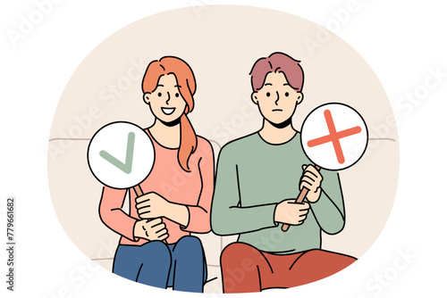 Couple sitting on couch showing yes and no signs. Man and woman feeling different emotions demonstrate various signs in hands. Vector illustration.