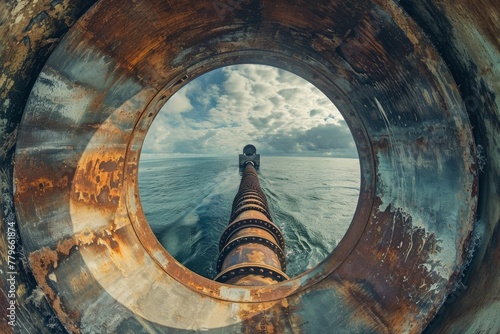 A large metal pipe positioned in the center of a body of water  A pipeline structure distorted through a fish-eye lens  AI Generated
