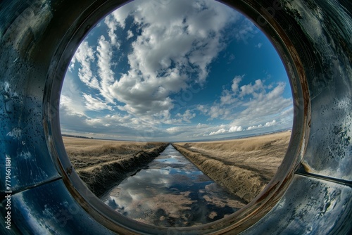 This photo captures a unique perspective of the sky as seen through the opening of a cylindrical pipe, A pipeline structure distorted through a fish-eye lens, AI Generated photo