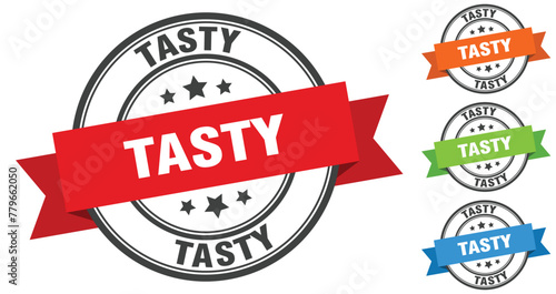 Foto tasty stamp. round band sign set. label