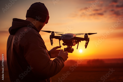 Drone Pilot Preparing UAV for Flight at Sunset. Generative AI