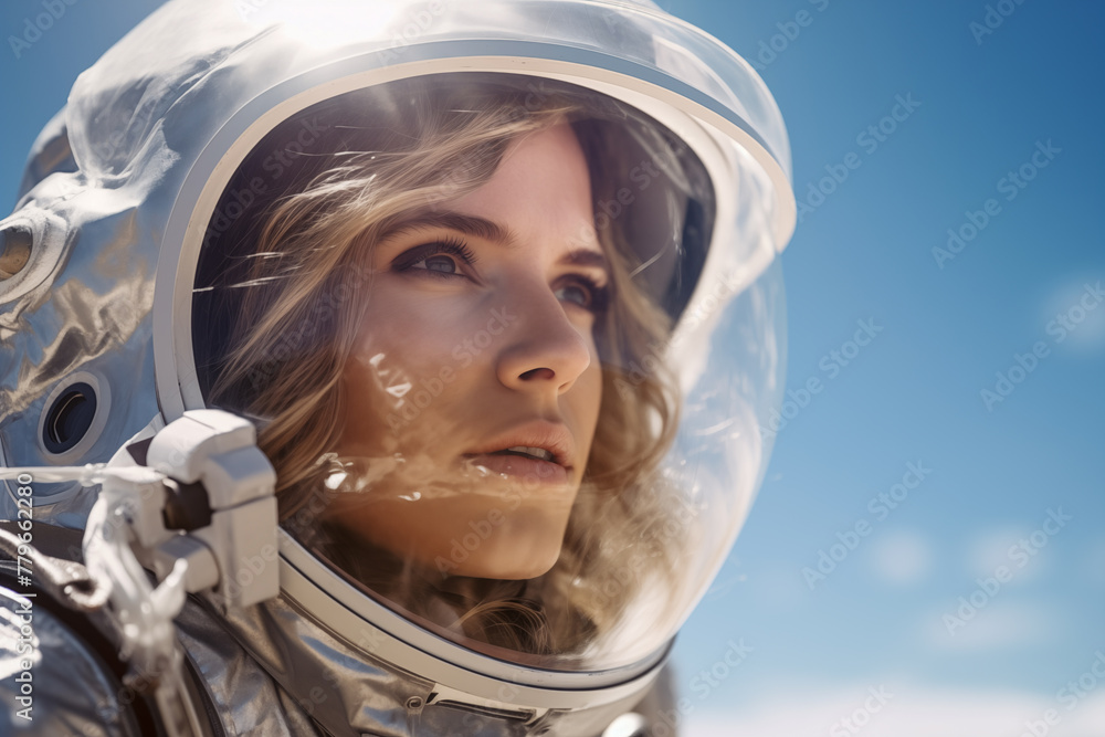 Awe-Inspiring Female Astronaut looking away through futuristic space helmet during sunny day. Space Exploration. Generative AI