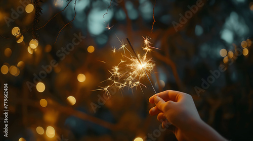 A single sparkler held aloft shines brightly, its sparks illuminating the surrounding twilight and tree silhouettes