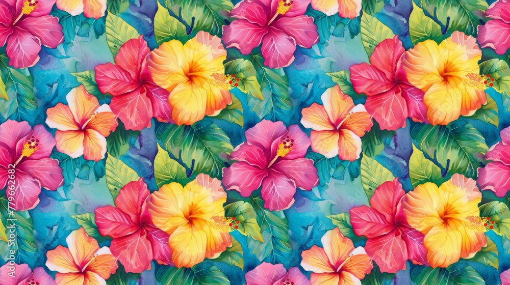 Tropical hibiscus and plumeria, bright and bold colors, watercolor