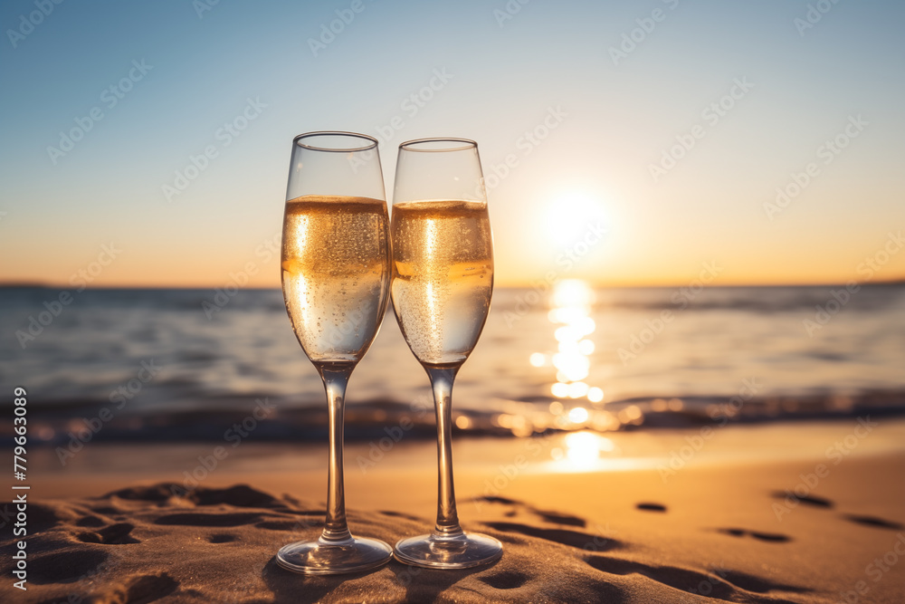 Glasses of champagne on beach. Champagne glasses on the background of the sea. Generative AI