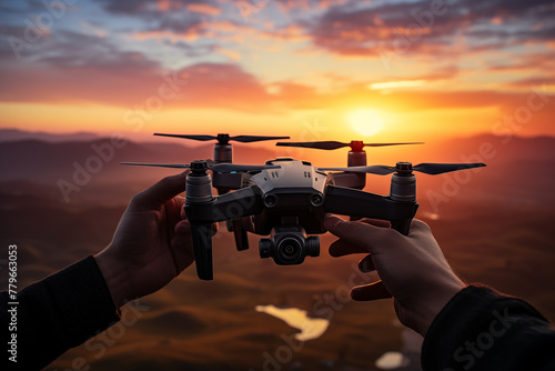 Close-Up of Hands Holding Drone During Sunset Flight. Generative AI