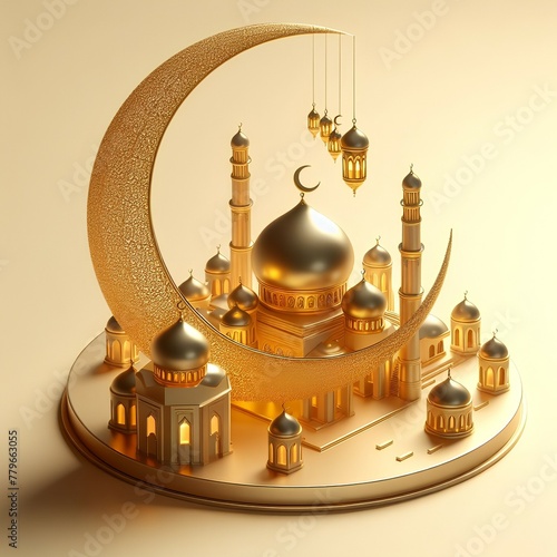 3D rendering, Ramadan Kareem with golden moon mosque on light shadow gold color background. Design for greetings card, poster, banner, invitation