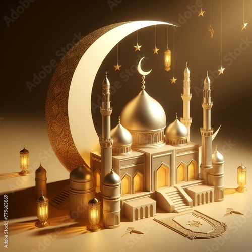 3D rendering, Ramadan Kareem with golden moon mosque on light shadow gold color background. Design for greetings card, poster, banner, invitation