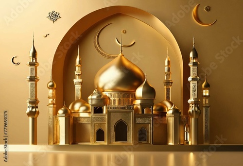 3D rendering, Ramadan Kareem with golden moon mosque on light shadow gold color background. Design for greetings card, poster, banner, invitation