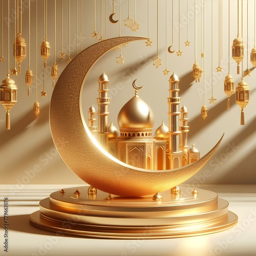 3D rendering, Ramadan Kareem with golden moon mosque on light shadow gold color background. Design for greetings card, poster, banner, invitation
