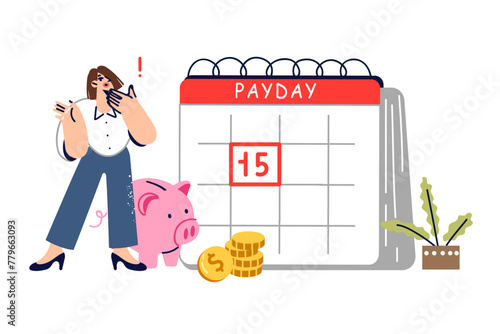 Payday mark on woman personal calendar reminding to pay taxes or make loan payment