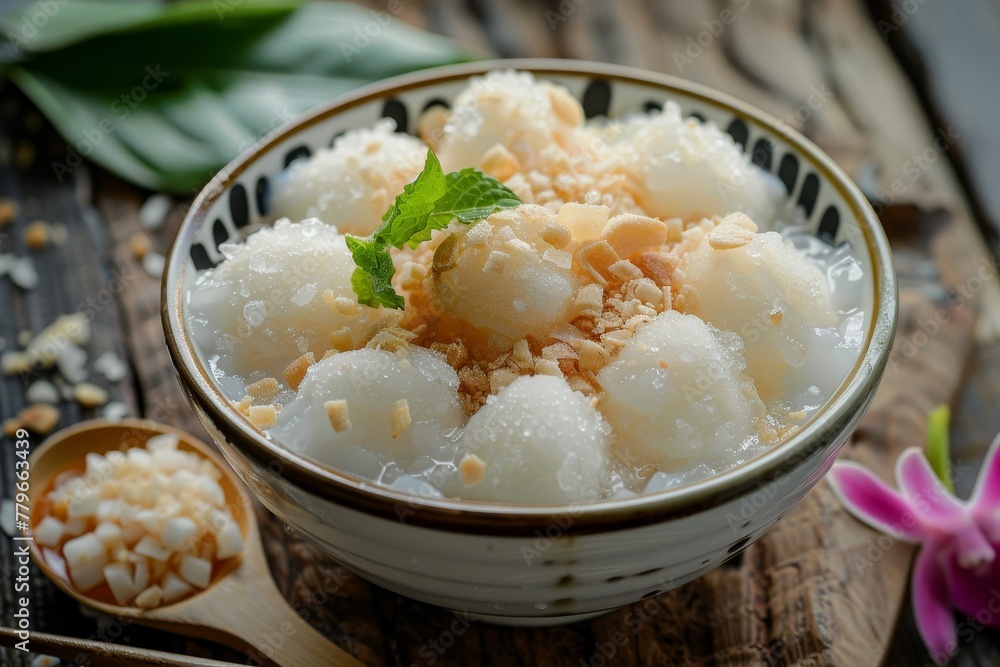 Tub Tim Krob is a traditional Thai dessert with water chestnuts in coconut milk served with ice syrup or milk Tub Tim Krob is a traditional Thai dessert with water chestnuts in coconut milk served with ice syrup or milk