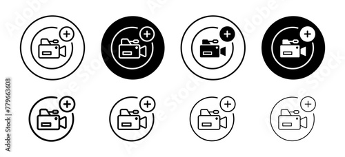 Add video file recording as attachment button icon. broadcast cinema clip media online symbol.