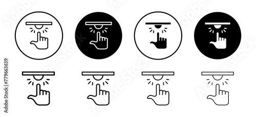 Hand push button click by hand finger icon. hit or press doorbell at house gate symbol. touch or activate emergency bell sound set