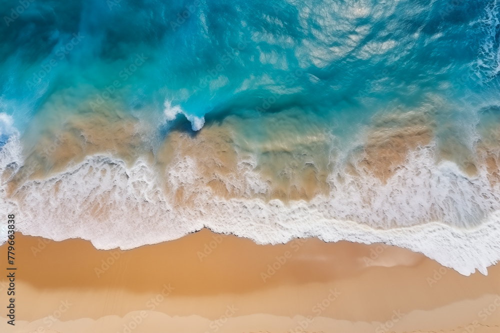 Aerial View of Turquoise Ocean Waves Meeting Sandy Beach. Generative AI Aerial View of Turquoise Ocean Waves Meeting Sandy Beach. Generative AI