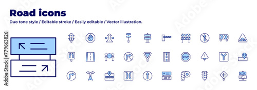 Road icons collection. Duo tone style. Editable stroke, no turn right, straight, turn left, yield, road barrier, directions, direction, road, narrow bridge, narrow road.