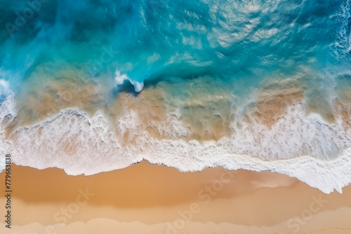 Aerial View of Turquoise Ocean Waves Meeting Sandy Beach. Generative AI
