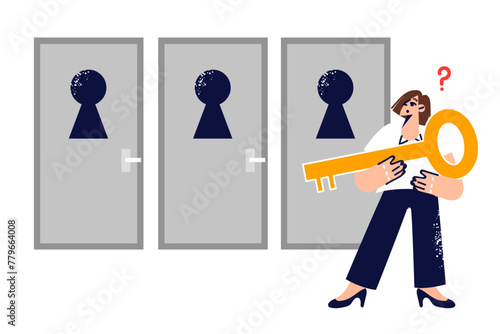 Woman makes choice, making difficult decision on path to success, stands with key near three doors