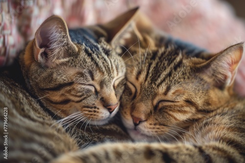 Two brown tabby cats grooming in focus