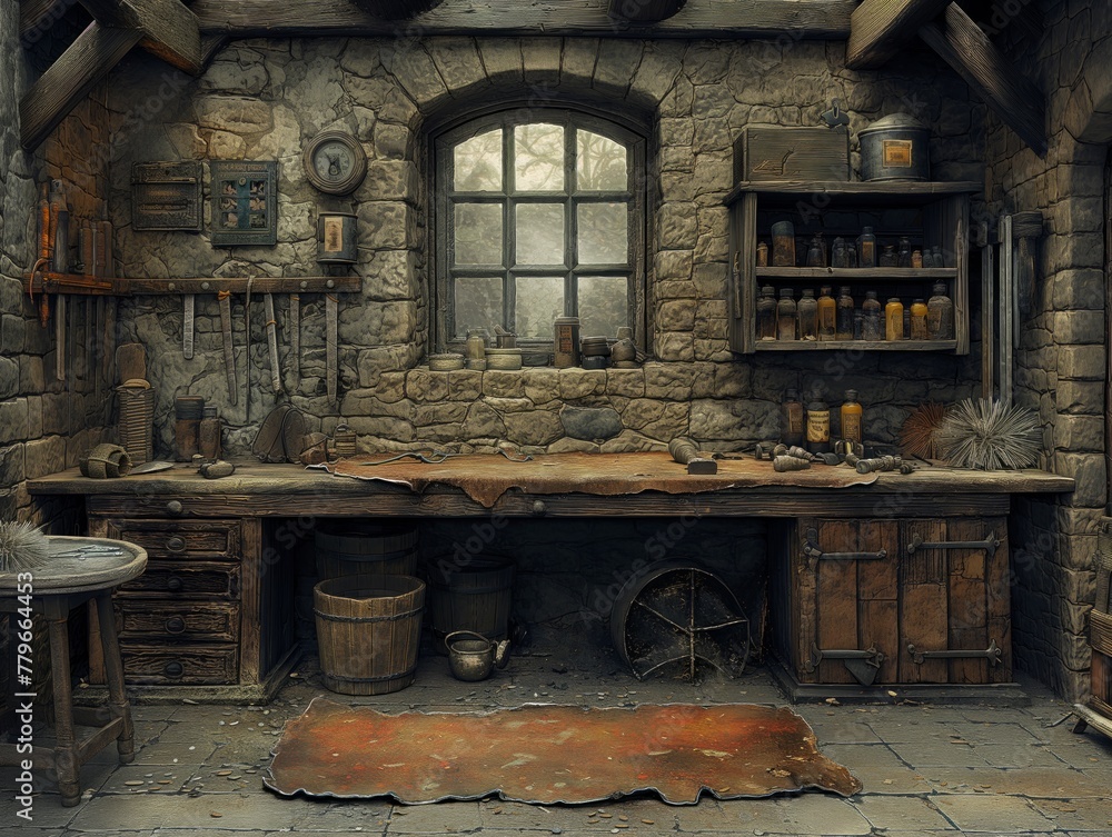 A dark room with a window and a wooden desk. The room is filled with various tools and items, giving it a cluttered and disorganized appearance. Scene is somewhat eerie and mysterious