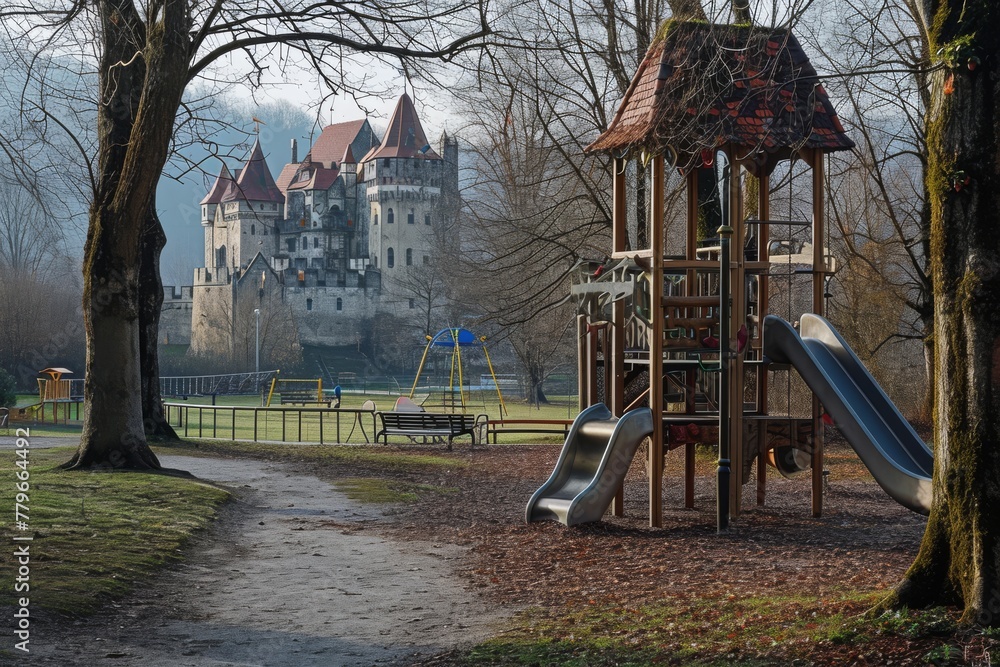 Fototapeta premium A photo of a playground featuring a castle in the background, creating a playful and whimsical setting for children, A playground under the shadow of an imposing castle, AI Generated