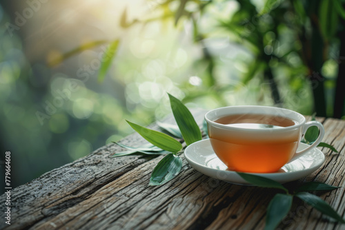 A cup of bamboo leaf tea on a wooden table on a nature background, a big copy space