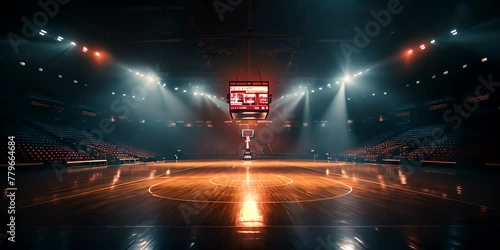 Empty basketball arena, stadium, sports ground with flashlights and fan sits 4K Video photo
