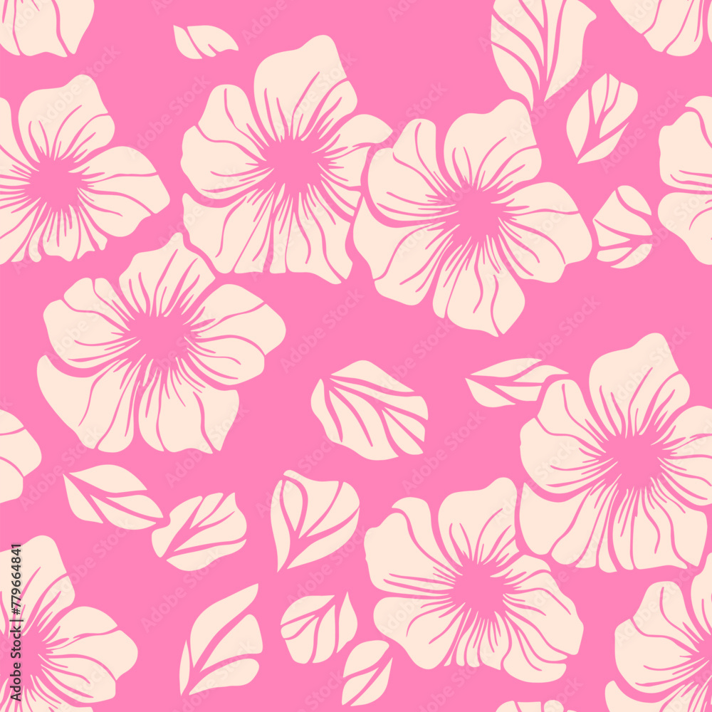 Simple vector floral seamless pattern. Elegant ornament texture with big plain exotic flowers, leaves. Hot pink and beige color. Fashionable botanical background. Repeated design for print, textile Simple vector floral seamless pattern. Elegant ornament texture with big plain exotic flowers, leaves. Hot pink and beige color. Fashionable botanical background. Repeated design for print, textile
