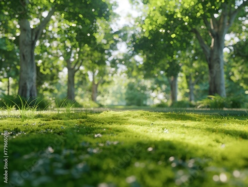 A lush green forest with trees and grass. The sunlight is shining through the trees  creating a peaceful and serene atmosphere