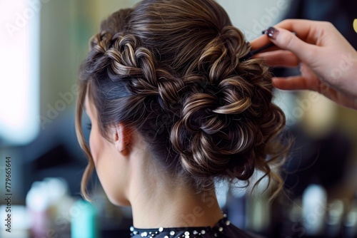 A woman sits at a salon chair as a hair stylist works on styling her hair, A professional hairdresser creating a stylish updo, AI Generated photo