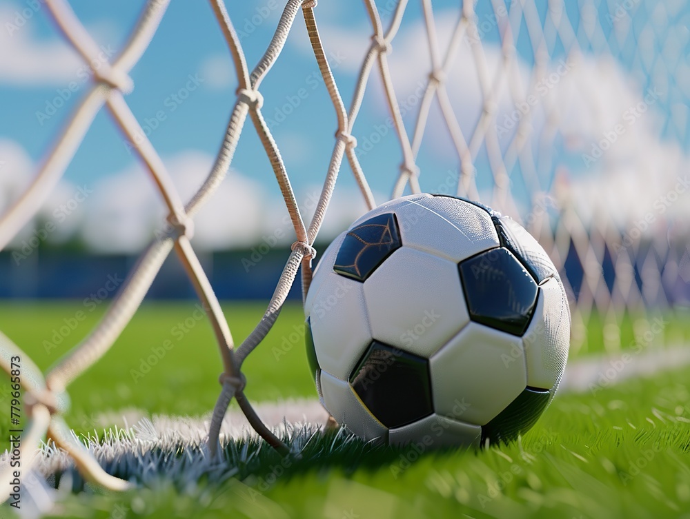 Naklejka premium soccer ball in goal, realistic photo, green background