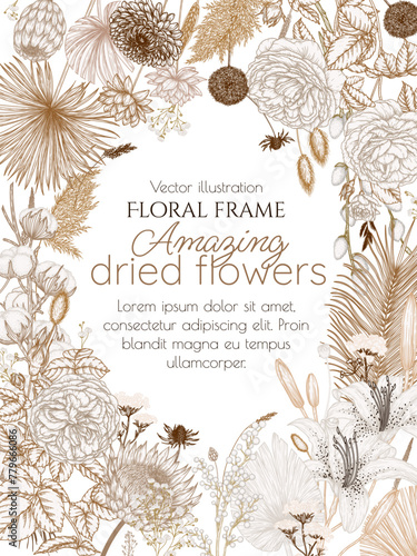 Vector illustration of a card template with a bouquet of dried flowers in engraving style	
