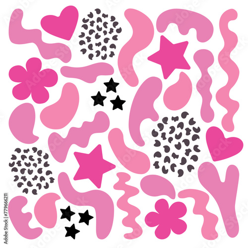 Set of pink hand drawn elements and leopard print. Set of different pink shapes with stars, hearts, flowers and leopard print