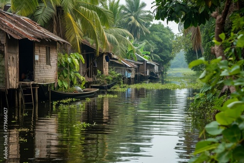 A row of houses situated on the side of a river, creating a charming riverside scene, A quiet backwater with traditional boathouses, AI Generated