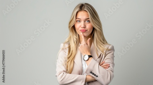 Beautiful blonde young woman wearing business clothes in hurry pointing to watch time, impatience, looking at the camera with relaxed expression © Mustafa