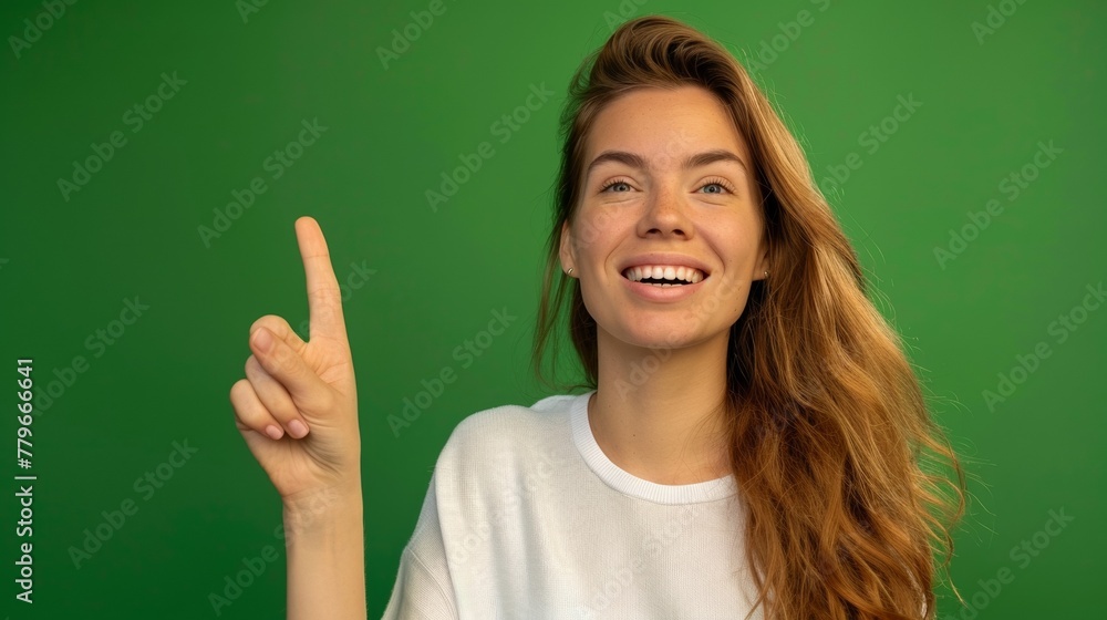Portrait of beautiful happy American woman with long hair in white t-shirt pointing up and smiling at camera on green background, template for advertising or promotion, with copy space for text Portrait of beautiful happy American woman with long hair in white t-shirt pointing up and smiling at camera on green background, template for advertising or promotion, with copy space for text