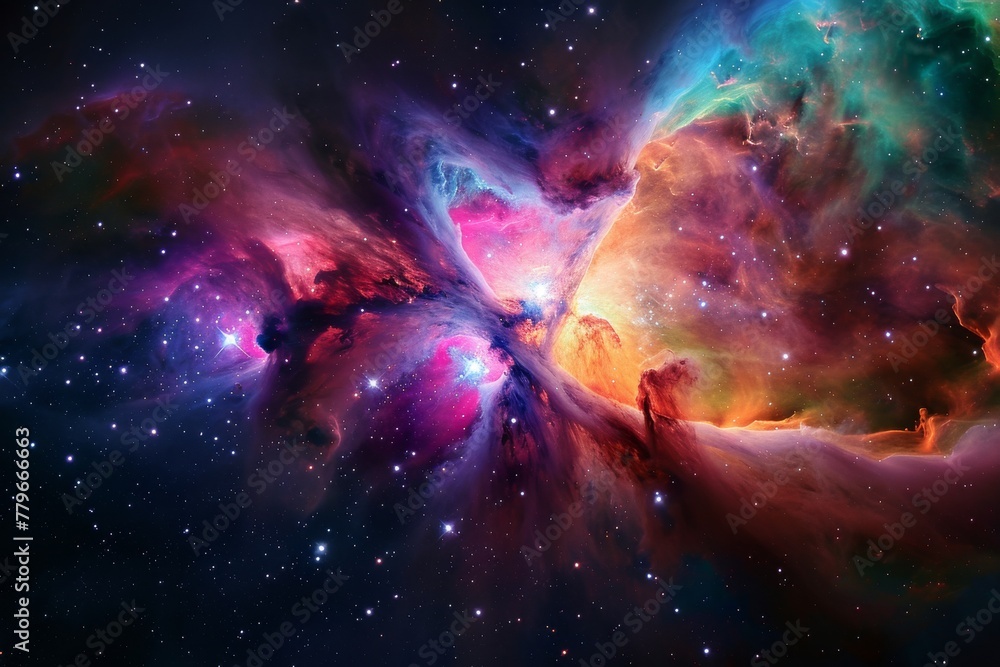 An image showcasing a vibrant and dynamic space filled with colorful stars, A radiant space galaxy bursting with multicolor nebula, AI Generated