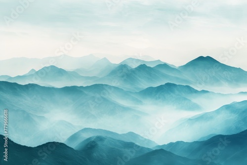 A realistic painting featuring a distant mountain range as the main subject, A quiet mountain range in soft watercolor shades, AI Generated © Ifti Digital