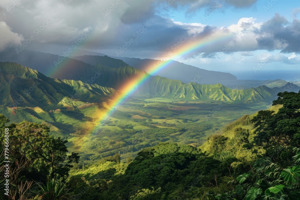 A vibrant rainbow stretches across the sky, creating an arch over a fertile valley with rich green vegetation, A rainbow spanning across a lush Hawaii valley, AI Generated