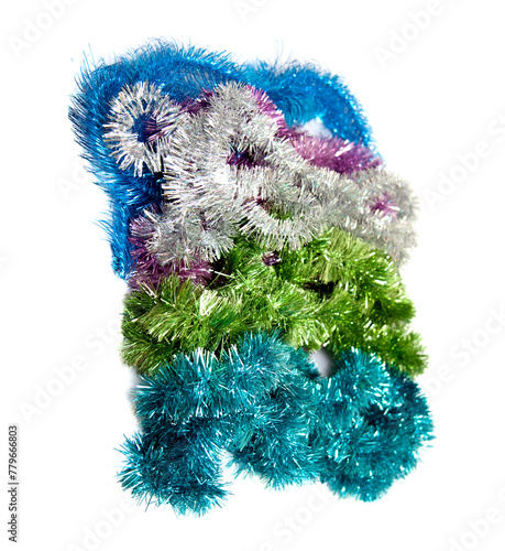 Christmas tree tinsel for New year and Christmas. blue  green  gray  red. on an isolated white background 